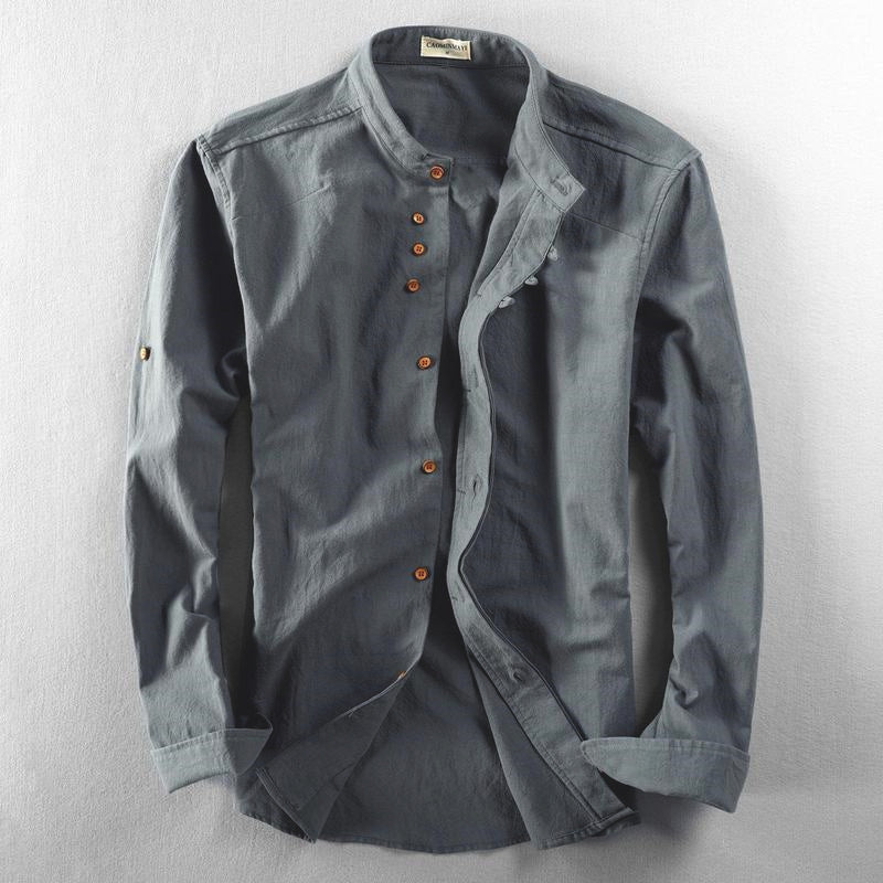 Herren Leichtes Baumwoll-Leinen Overshirt mit Stehkragen und Knopfleisten-Detail Nord Taschen