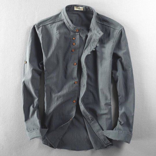 Herren Leichtes Baumwoll-Leinen Overshirt mit Stehkragen und Knopfleisten-Detail Nord Taschen