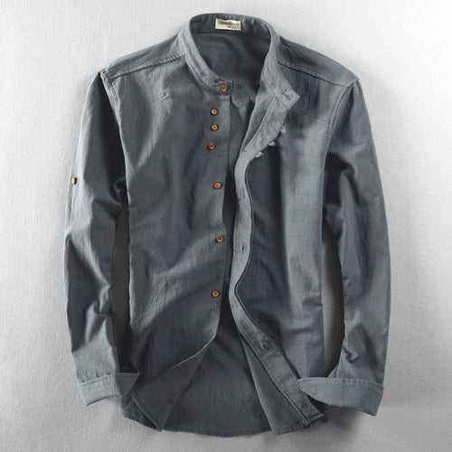 Herren Leichtes Baumwoll-Leinen Overshirt mit Stehkragen und Knopfleisten-Detail Nord Taschen
