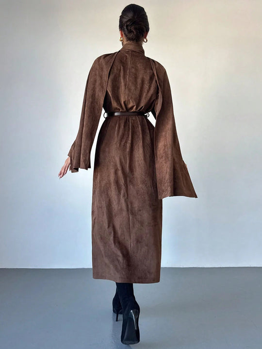 Damen Mantel mit Cape-Overlay und Wickelkragen aus Velourslederoptik Nord Taschen