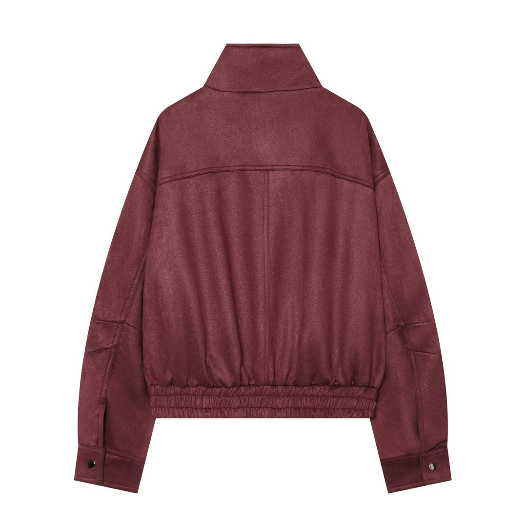 Damen Cropped Bomberjacke aus Veloursimitat mit Stehkragen und elastischem Saum Nord Taschen