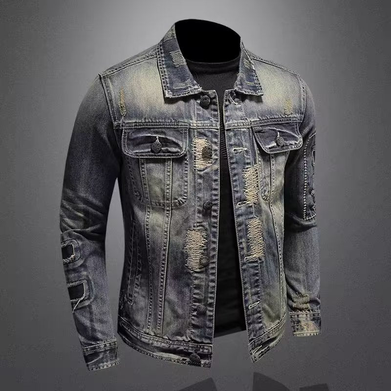 Herren Vintage-Jeansjacke mit Used-Effekten, Destroyed-Details und aufgesetzten Brusttaschen Nord Taschen