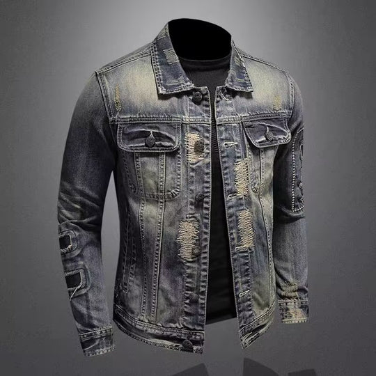 Herren Vintage-Jeansjacke mit Used-Effekten, Destroyed-Details und aufgesetzten Brusttaschen Nord Taschen