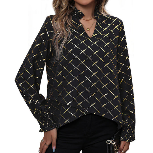 Damen Elegante Bluse mit geometrischem Muster und Rüschen Nord Taschen