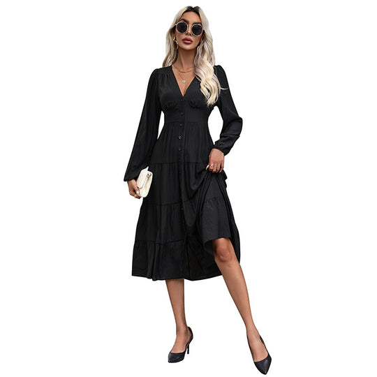 Damen Langes V‑Ausschnitt Stufenkleid mit durchgehender Knopfleiste und taillierter Naht Nord Taschen