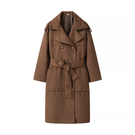 Damen Midilanger Oversize-Trenchcoat aus Veloursimitat mit doppelreihiger Knopfleiste, Schulterpatten und Bindegürtel Nord Taschen