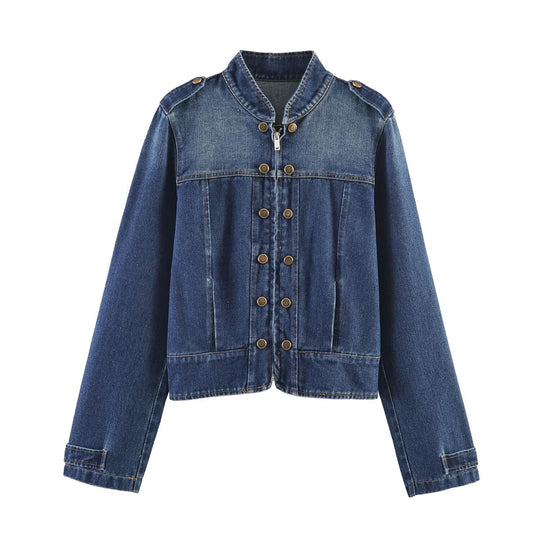 Damen Jeansjacke mit Stehkragen, Doppelreihen‑Druckknöpfen und Schulterklappen Nord Taschen