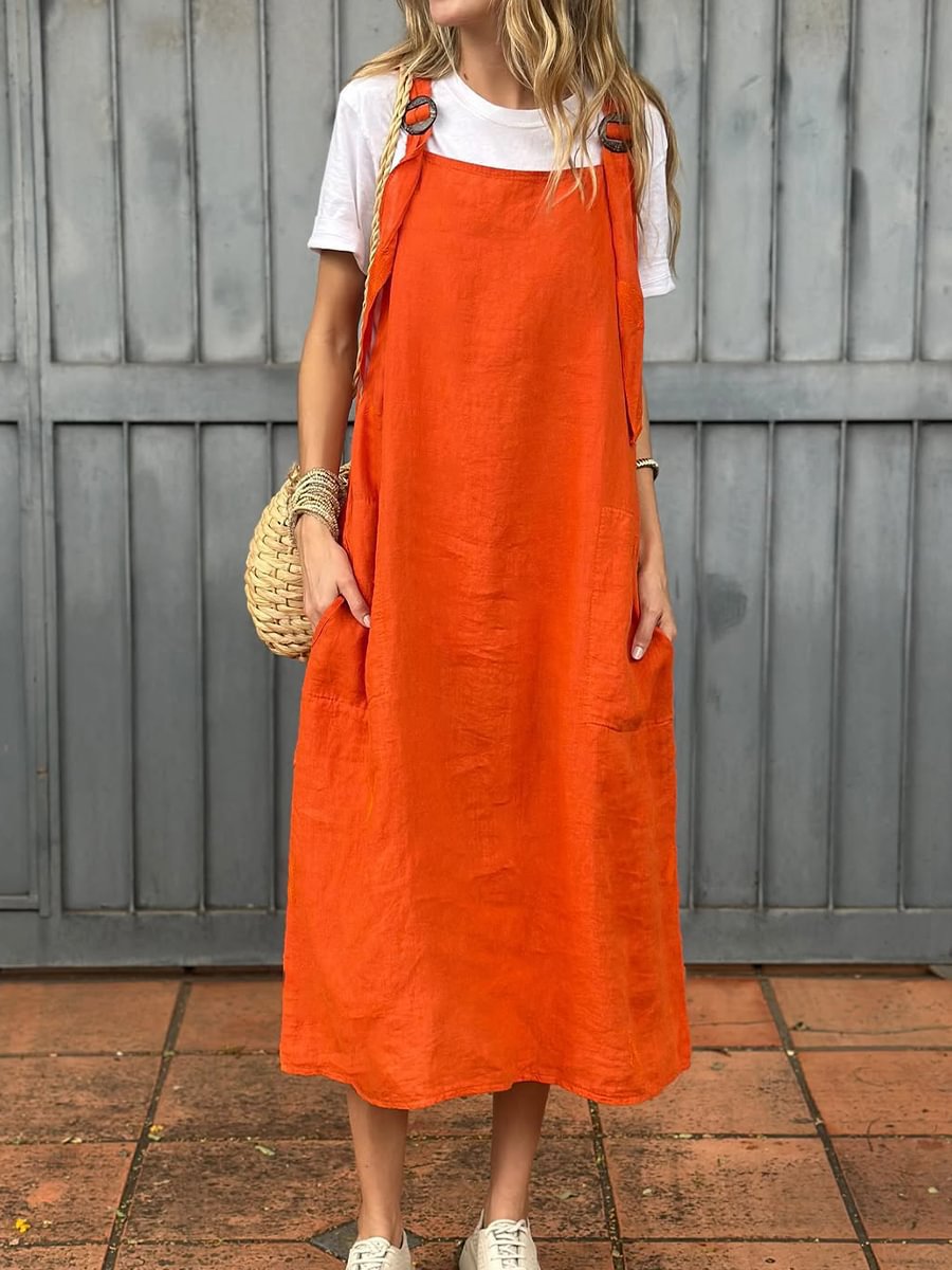 Damen lässiges Leinenkleid mit praktischen Taschen und verstellbaren Trägern