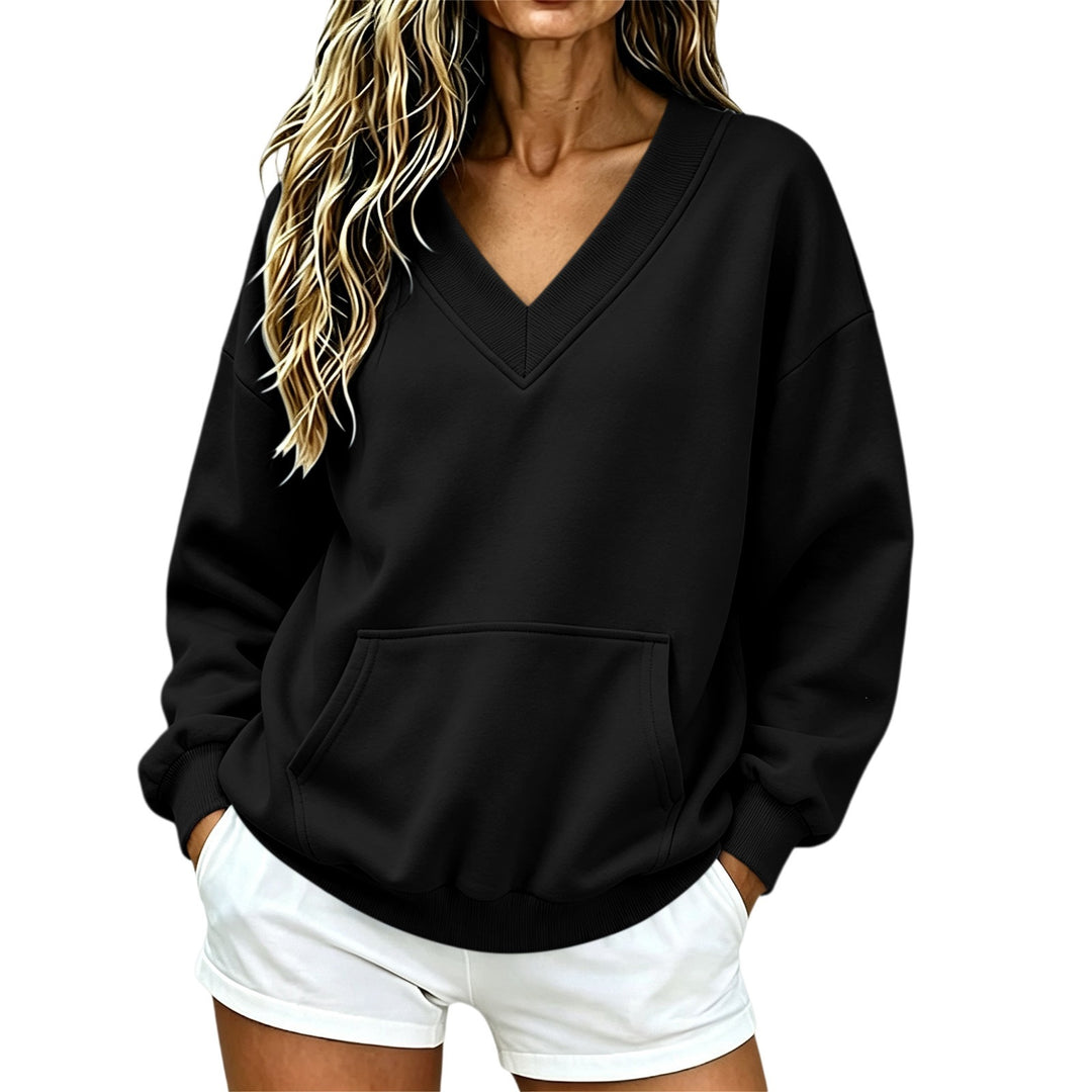 Damen Oversize V-Ausschnitt Sweatshirt mit Kängurutasche und geripptem Saum Nord Taschen