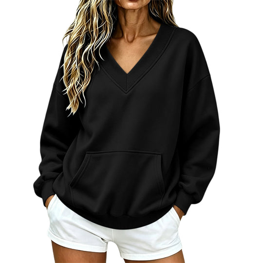 Damen Oversize V-Ausschnitt Sweatshirt mit Kängurutasche und geripptem Saum Nord Taschen
