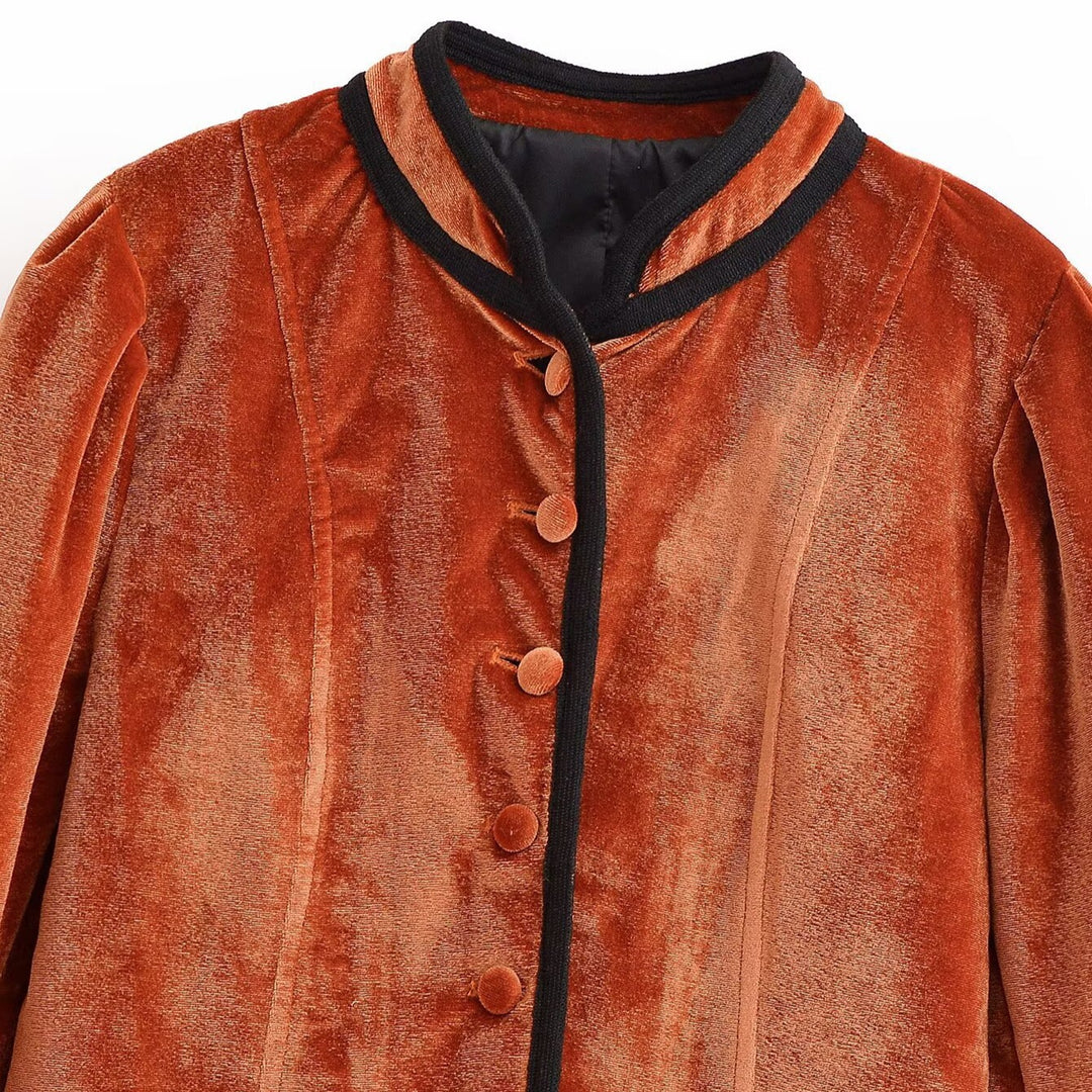Damen Samtjacke mit Stehkragen, kontrastreicher Paspelierung und Knopfverschluss Nord Taschen