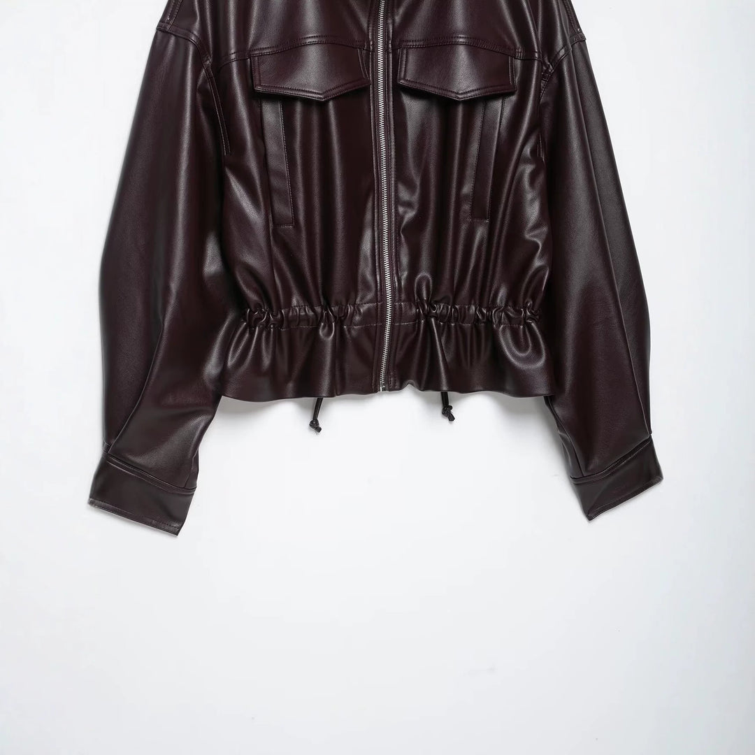 Damen Oversize Kunstleder-Bomberjacke mit Funnelkragen, Tunnelzug-Taille und Pattentaschen Nord Taschen