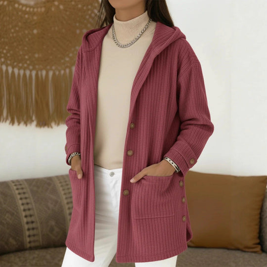 Damen Langer Kapuzen-Strickcardigan mit Rippenstruktur, Knopfleiste und Seitentaschen Nord Taschen