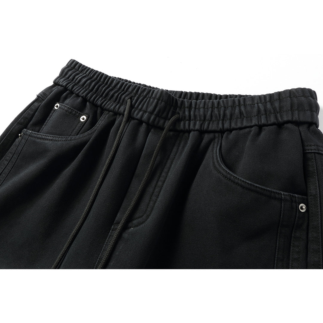 Damen Weite hochgeschnittene Jeanshose mit elastischem Bund, Kordelzug und Ziernähten Nord Taschen