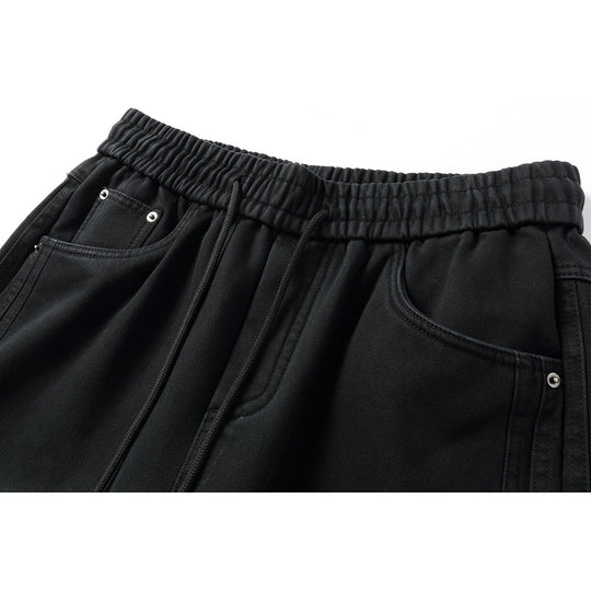 Damen Weite hochgeschnittene Jeanshose mit elastischem Bund, Kordelzug und Ziernähten Nord Taschen