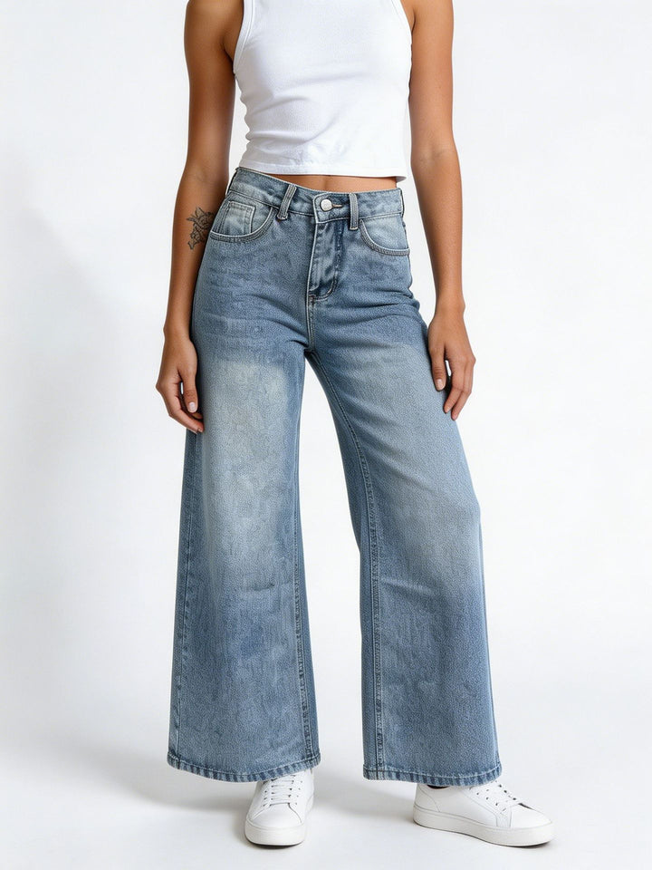Damen hochgeschnittene Palazzo-Jeans mit extra weitem Bein und taillierendem Schnitt Nord Taschen