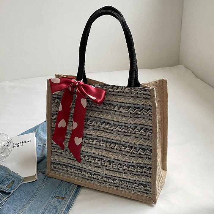 Damen Jute-Tasche mit buntem Muster und eleganter Schleife Nord Taschen