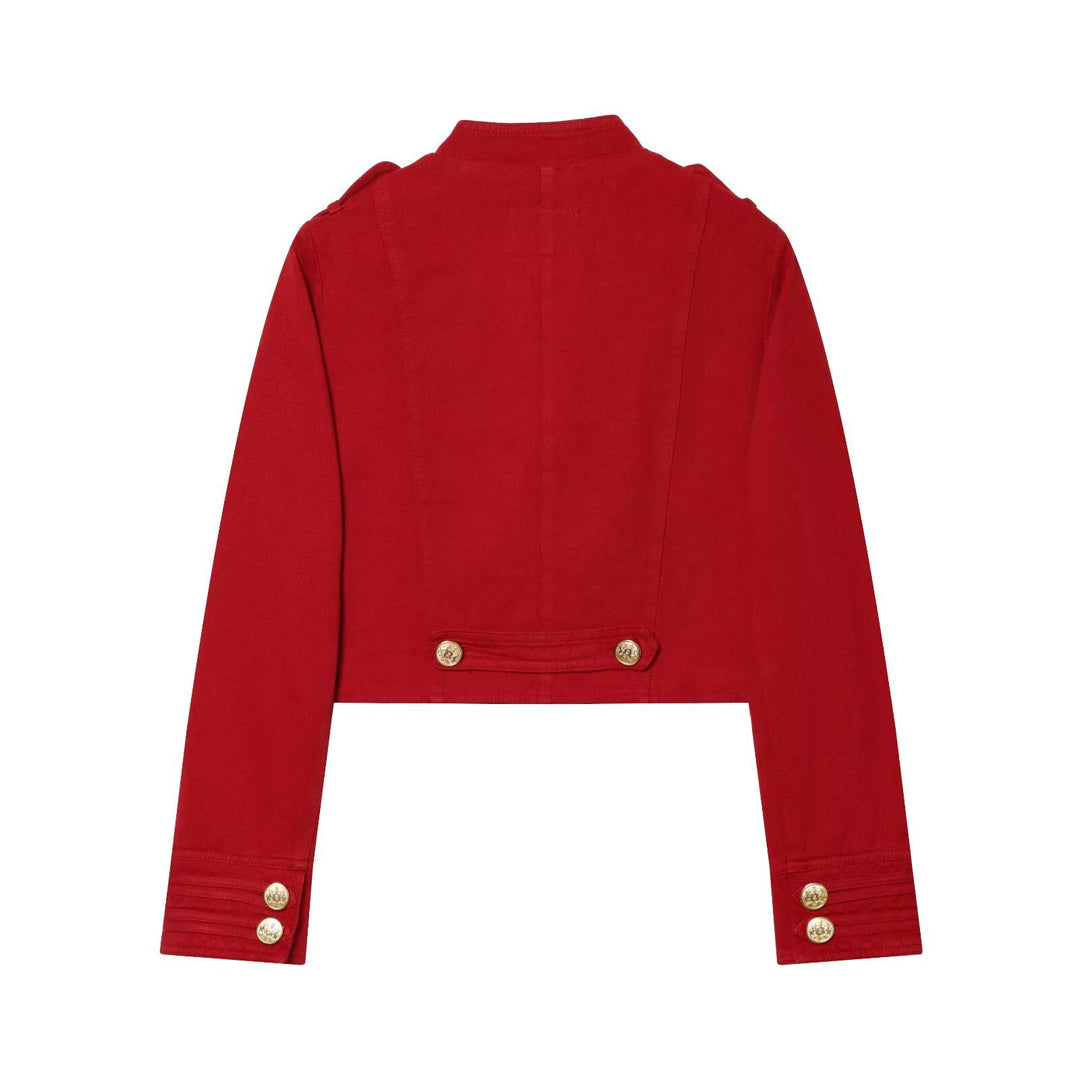 Damen Kurze Militärblazer-Jacke mit Stehkragen und goldenen Zierknöpfen Nord Taschen