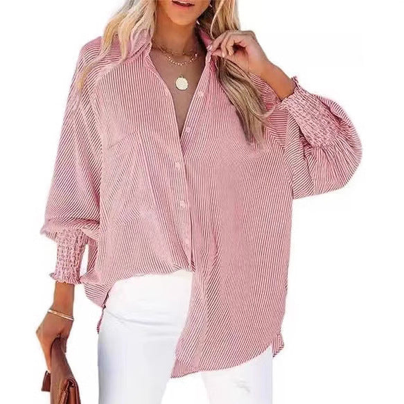 Damen locker geschnittene Streifenbluse mit Hemdkragen und gerafften Manschetten Nord Taschen