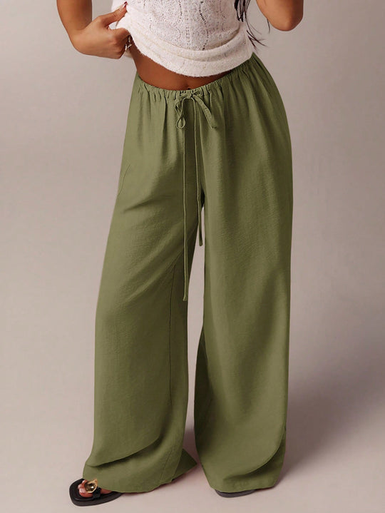 Damen Weite Relax-Hose aus Viskose-Leinen-Mix mit Elastikbund und Kordel Nord Taschen