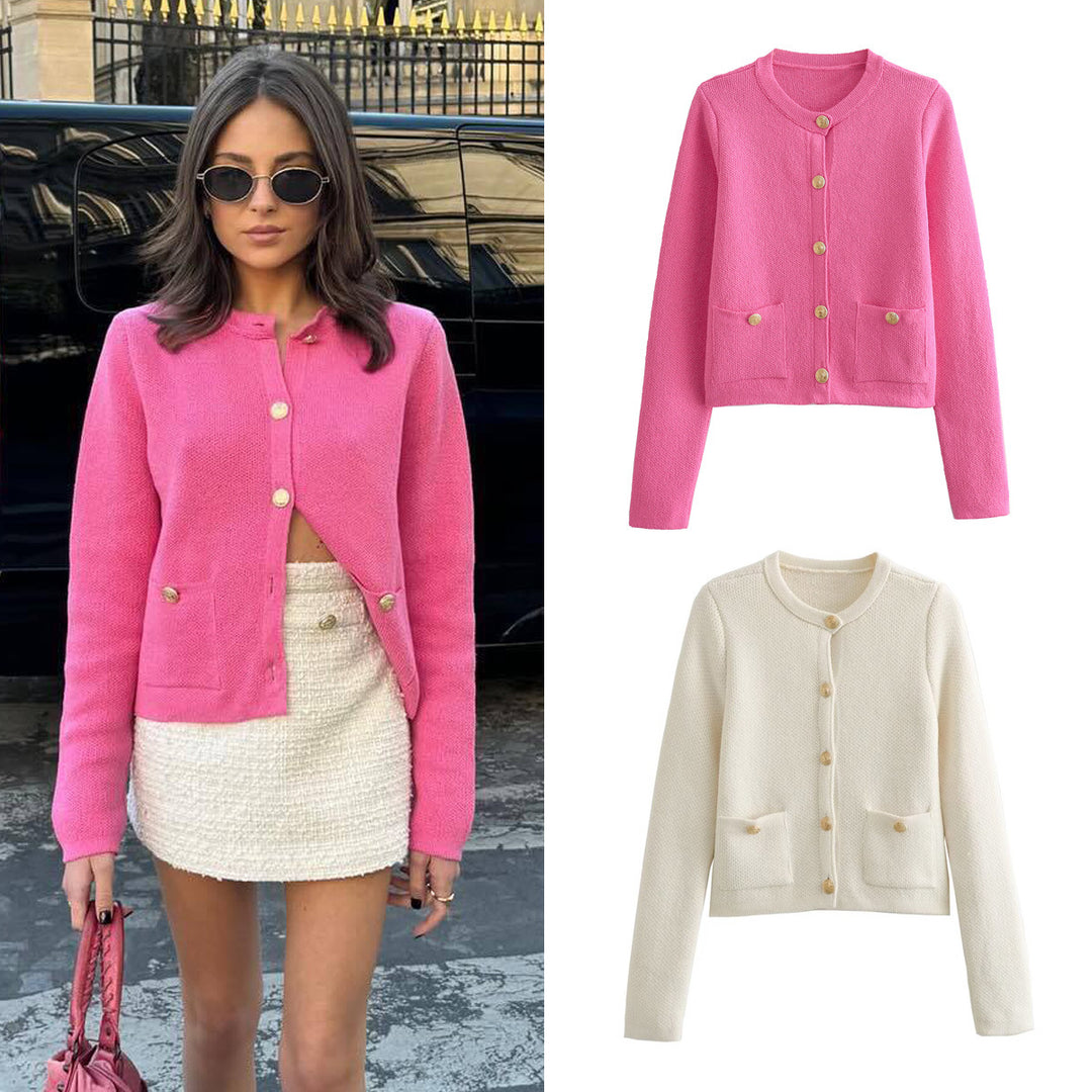 Damen Kurzgeschnittener Bouclé-Cardigan mit Rundhals, Pattentaschen und Münzknöpfen Nord Taschen