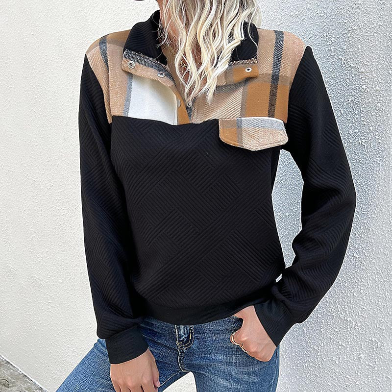 Damen Gestepptes Sweatshirt mit Karobesatz, Stehkragen und Druckknopfleiste Nord Taschen