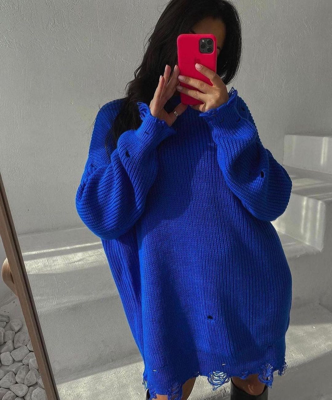 Damen Oversized Strickkleid mit Destroyed-Saum und Ballonärmeln Nord Taschen