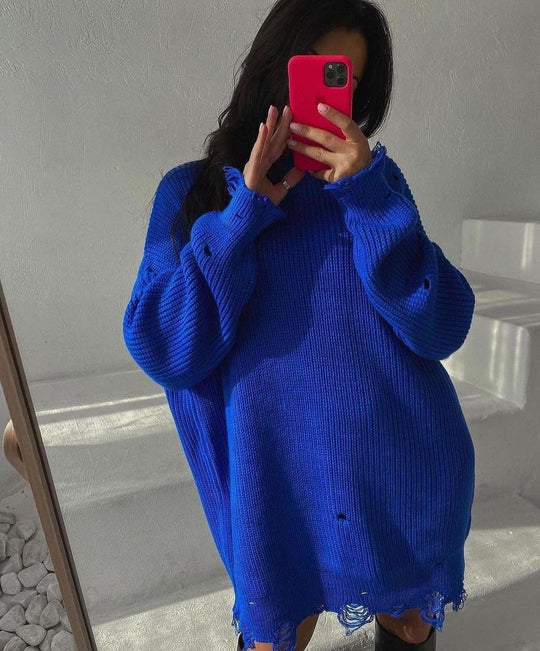 Damen Oversized Strickkleid mit Destroyed-Saum und Ballonärmeln Nord Taschen
