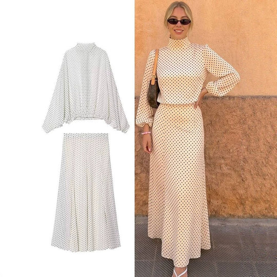 Damen Zweiteiliges Set aus leichtem Chiffon mit weitem Midirock und Ballonärmel-Bluse mit Schleifenkragen Nord Taschen