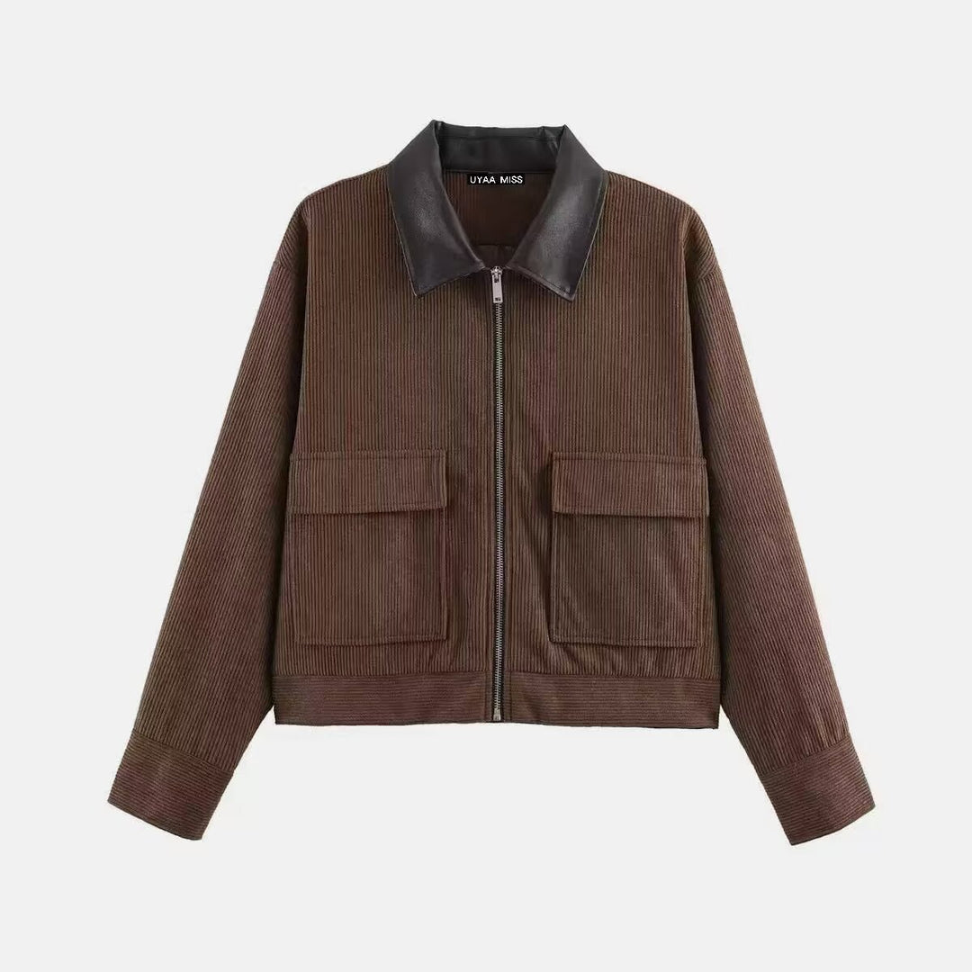 Damen Kurzjacke aus Cord mit Lederkragen und aufgesetzten Klappentaschen Nord Taschen