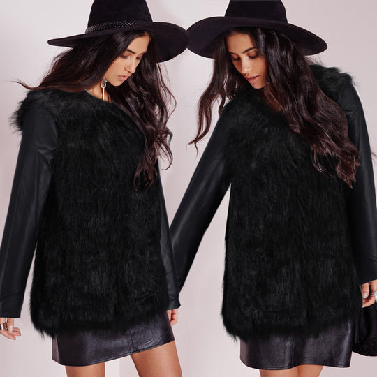 Damen Kunstpelz‑Mixjacke mit veganen Lederärmeln und Longline‑Silhouette Nord Taschen