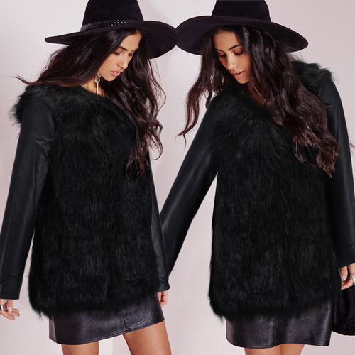 Damen Kunstpelz‑Mixjacke mit veganen Lederärmeln und Longline‑Silhouette Nord Taschen
