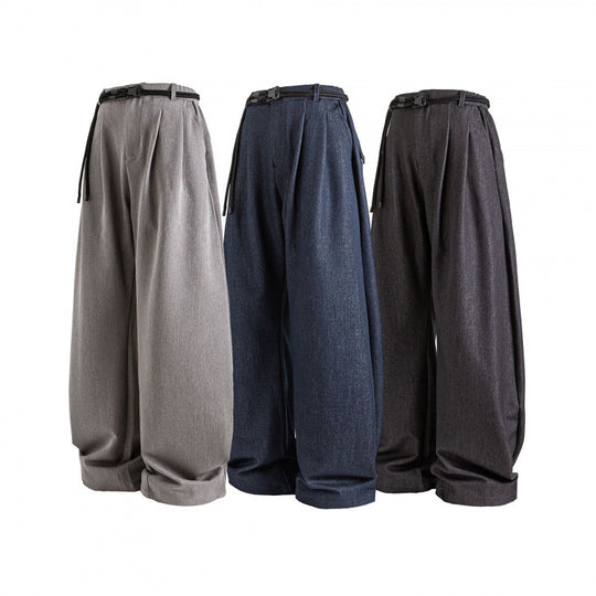 Damen Hochtalierte weite Marlene-Hose mit Faltenbund und Tunnelzuggürtel Nord Taschen