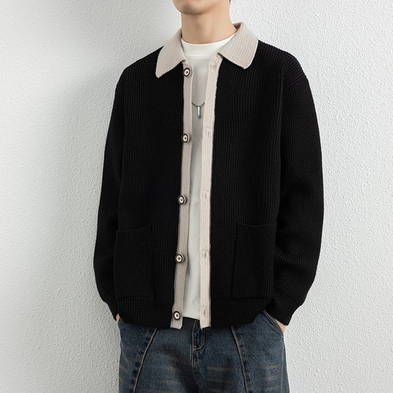 Herren Kontrastkragen-Strickjacke mit durchgehender Knopfleiste und aufgesetzten Taschen Nord Taschen