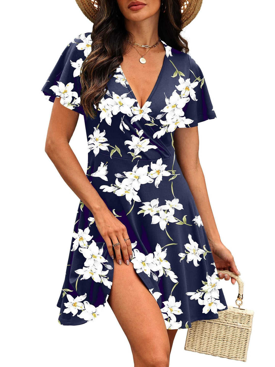 Damen Kurzärmeliges Wickelkleid mit floralen Mustern und V-Ausschnitt
