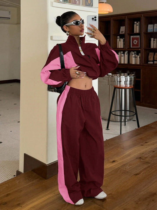 Damen Cropped-Trainingsjacke und hochgeschnittene Breitbein-Jogginghose im Set Nord Taschen