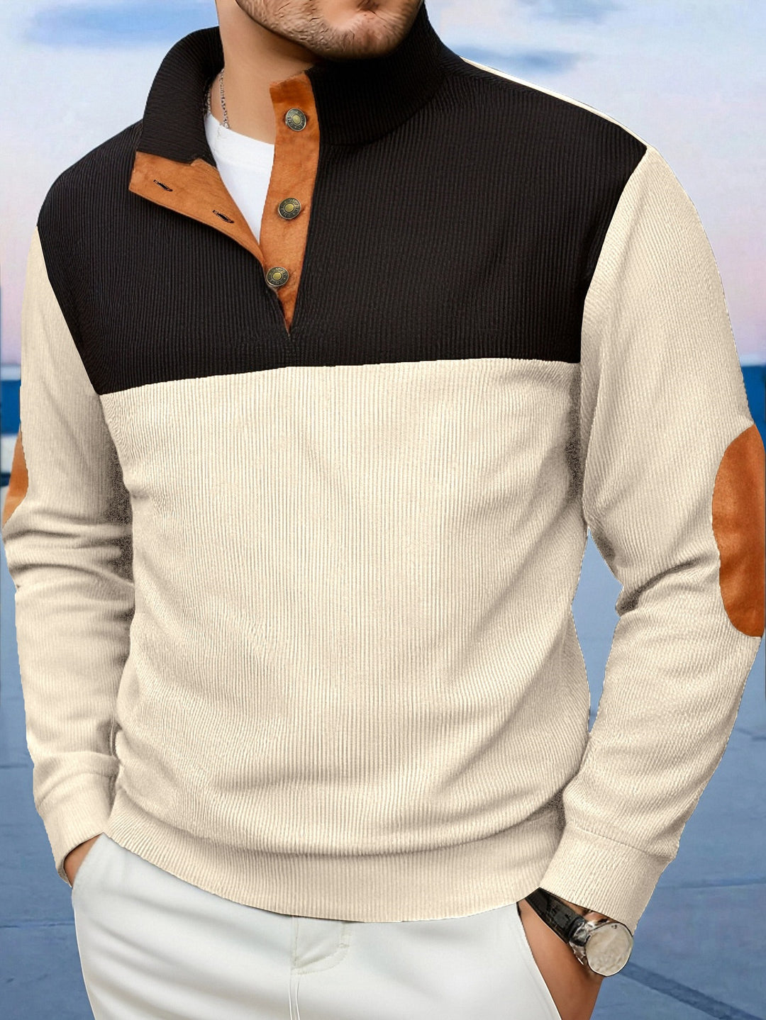 Herren Modische Pullover mit Stehkragen und Knopfleiste Nord Taschen