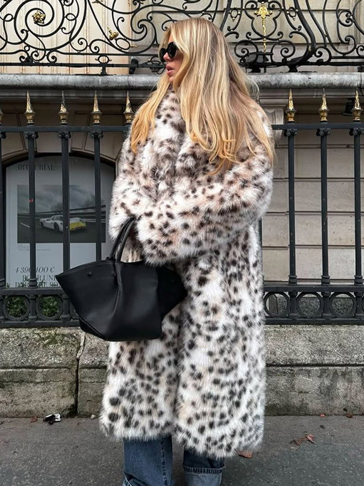 Damen Langer Gepunkteter Kunstpelzmantel mit Oversize-Schnitt Nord Taschen