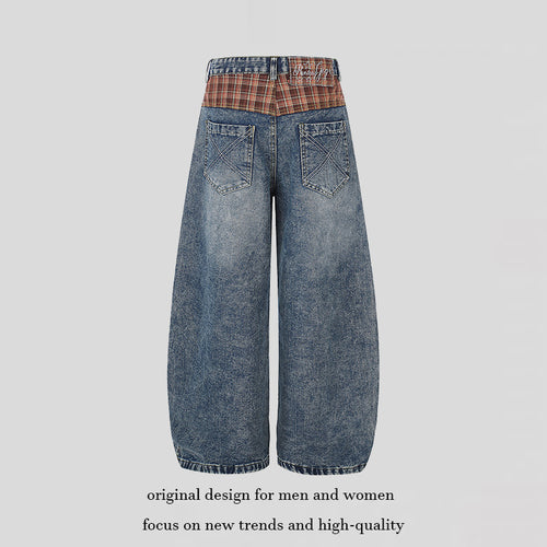 Damen Weite High‑Waist Denim‑Culotte im Palazzo‑Stil mit Karo‑Bund und Vintage‑Waschung Nord Taschen