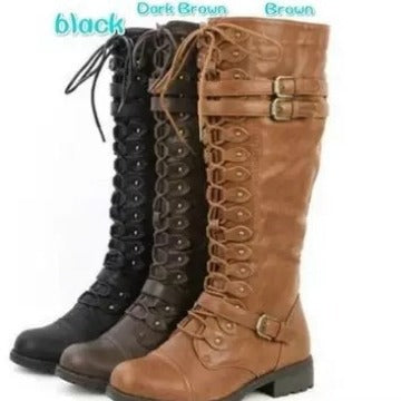 Damen Kniehohe Schnürstiefel im Military‑Look mit Zierschnallen und robuster Profilsohle Nord Taschen