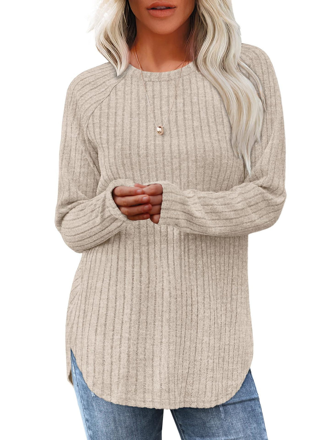 Damen gerippter Strickpullover mit Rundhalsausschnitt Oversize-Passform und Seitenschlitzen Nord Taschen