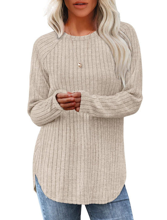 Damen gerippter Strickpullover mit Rundhalsausschnitt Oversize-Passform und Seitenschlitzen Nord Taschen