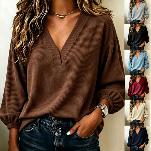 Damen Gerippter V-Ausschnitt Pullover mit Ballonärmeln Nord Taschen