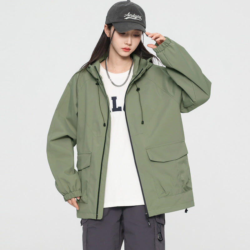 Damen Oversize Windbreaker Jacke mit Kapuze und Cargotaschen Nord Taschen
