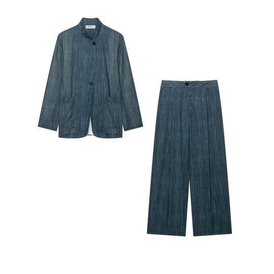 Damen Zweiteiliges Nadelstreifen-Set mit Stehkragen-Blazer und Highwaist-Palazzohose Nord Taschen