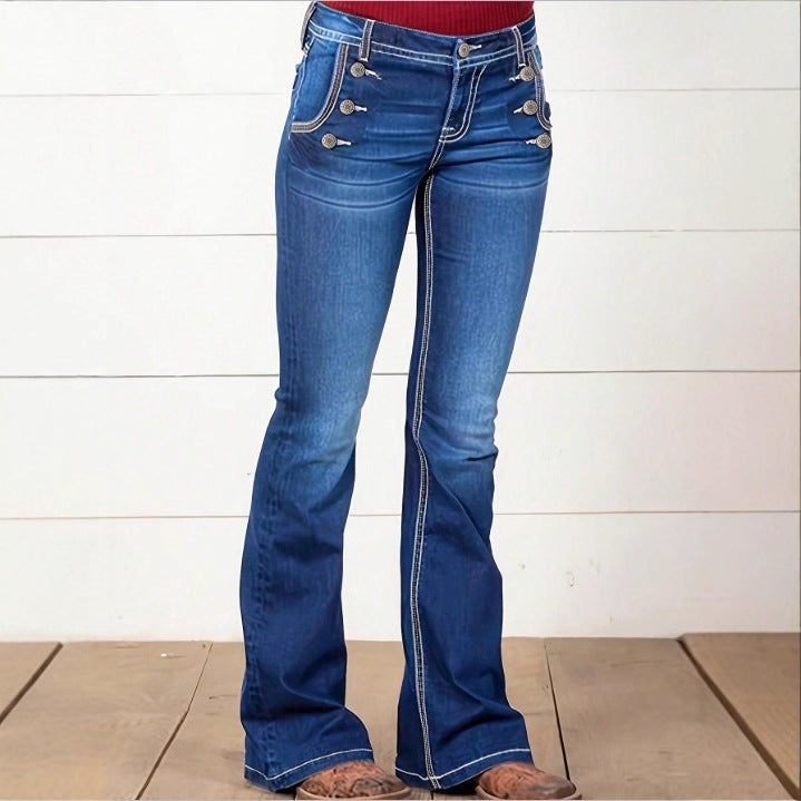 Damen Hochtaillierte Flared-Jeans mit dekorativen Metallknöpfen und Kontraststeppung Nord Taschen