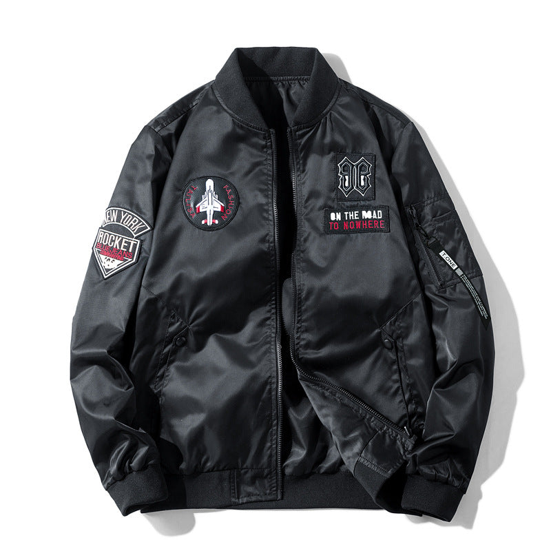 Men's  pilot-style embroidered patch utility bomber jacket with angled welt pockets and zip sleeve pocket Nord Taschen