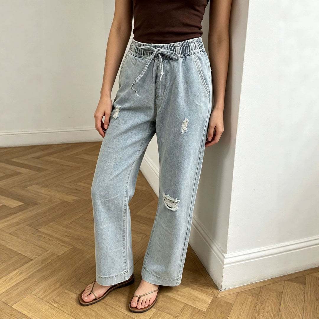 Damen weite Denimhose mit elastischem Kordelbund, Used-Effekten und lockerer Passform Nord Taschen