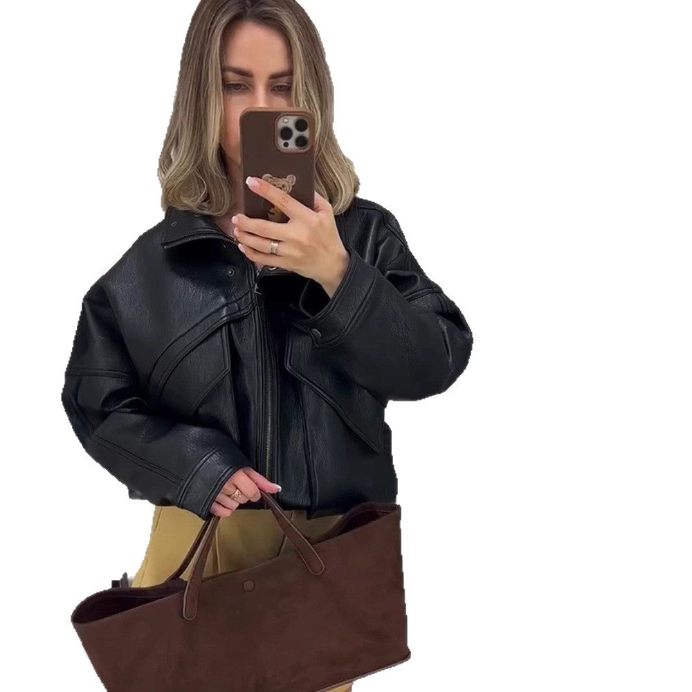 Damen Oversize-Bomberjacke aus strukturiertem Lederimitat mit überlappender Klappenfront Nord Taschen