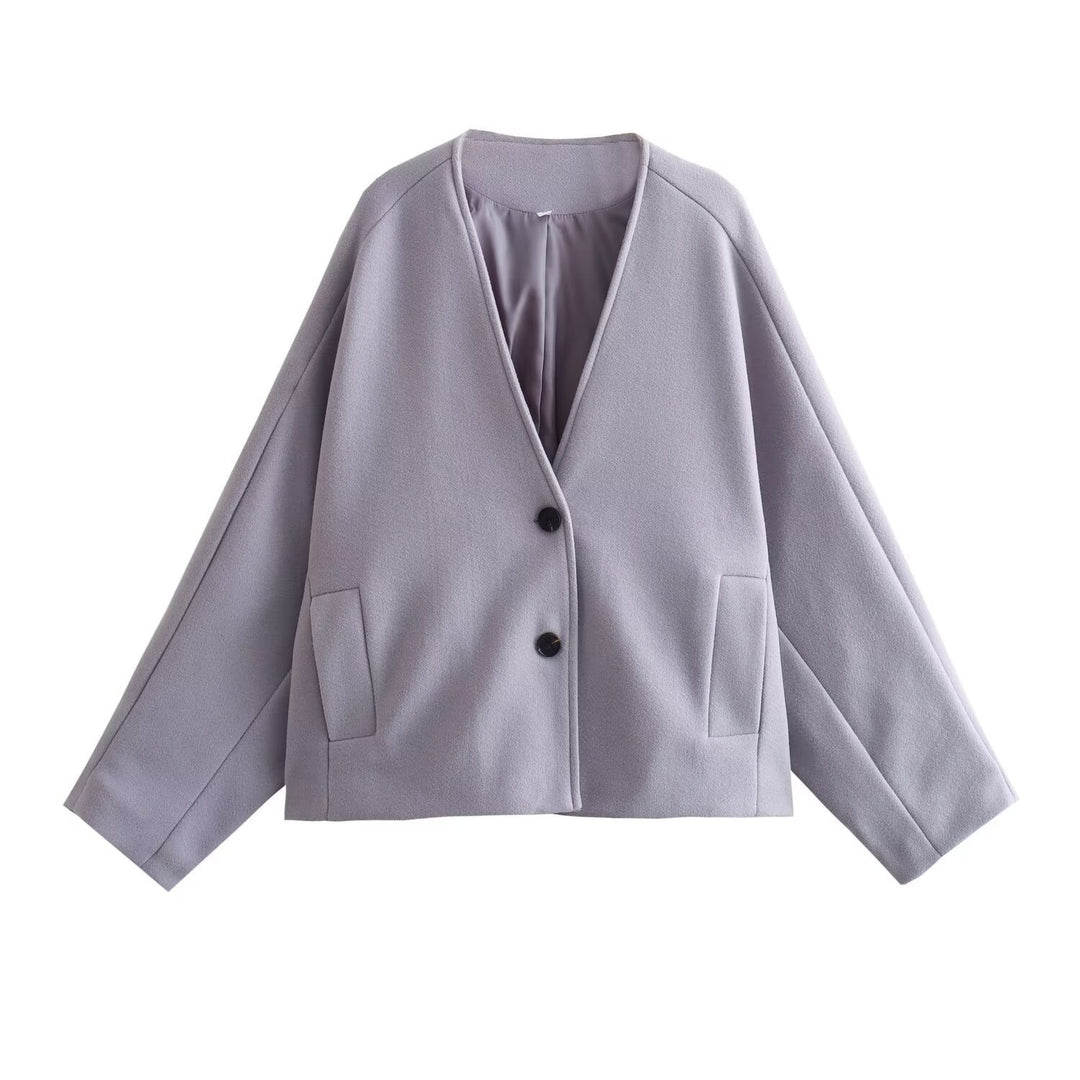 Damen Kurzjacke im Boxy‑Cut mit V‑Ausschnitt und Wollmix Nord Taschen